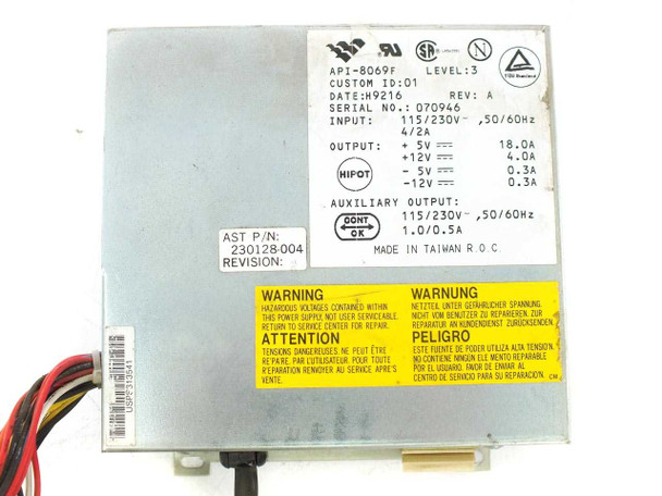 AST API-8069F power supply label showing model number, part number 230128-004, input/output voltage specs, and Made in Taiwan R.O.C. marking