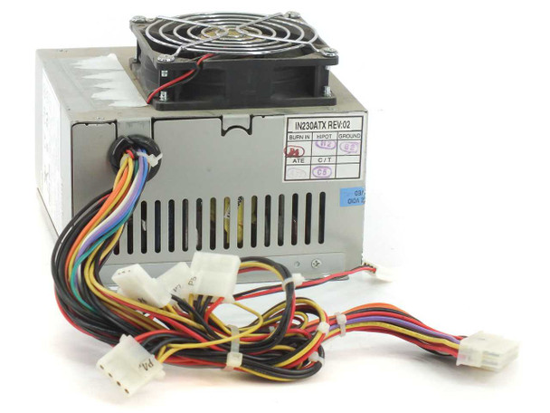 Power Man HP-230-ATX 230W ATX power supply – three-quarter top view showing IN230ATX REV:02 label, top fan, and full output cable harness