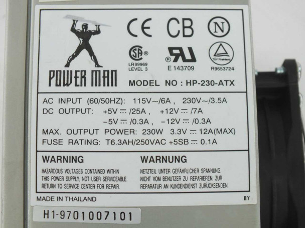 Power Man HP-230-ATX label showing model number, AC input 115V/6A or 230V/3.5A, DC outputs, 230W max power, certifications CE CB CSA UL, and Made in Thailand