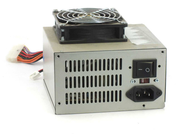 Power Man HP-230-ATX 230W ATX power supply – rear panel view showing IEC AC inlet, rocker on/off switch, and top-mounted external cooling fan