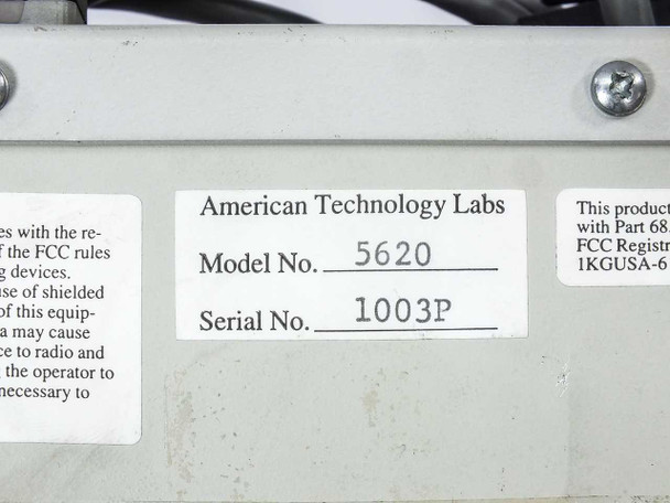 American Technology Labs 5620 bottom label showing Model No. 5620, Serial No. 1003P, and FCC registration information