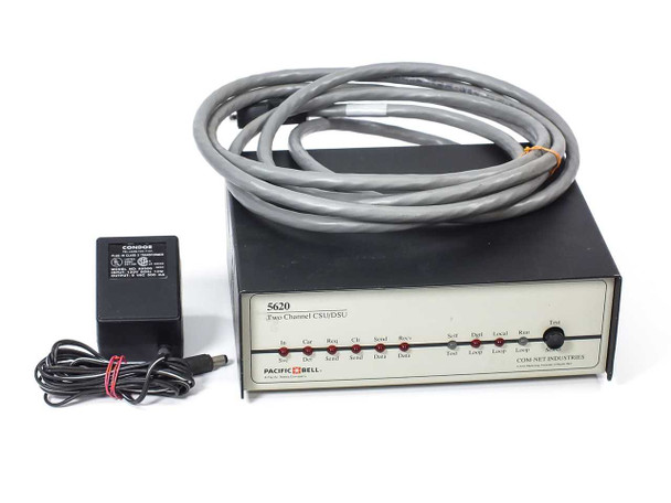 American Technology Labs 5620 Two Channel CSU/DSU front panel view with Condor power supply and gray interface cable