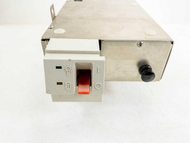 IBM 90X9107 power supply front-end panel showing red rocker power switch with power-on LED indicators and lock icon