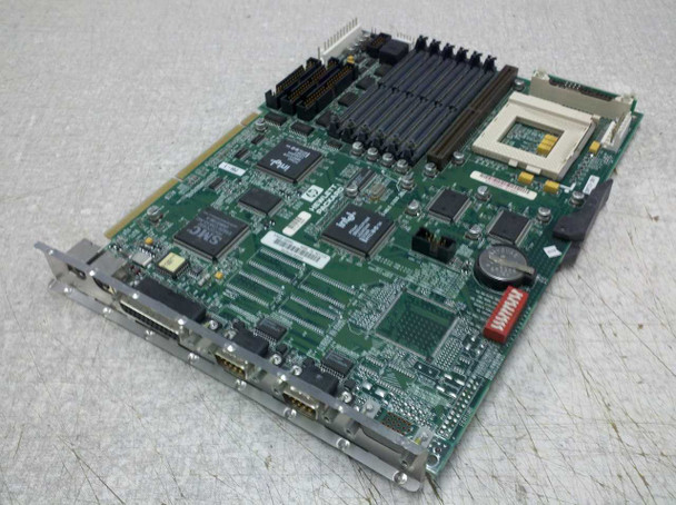 HP Vectra D3660-60001 system board – angled top view showing ISA and PCI slots, Socket 5 CPU socket, and I/O bracket with parallel and serial ports