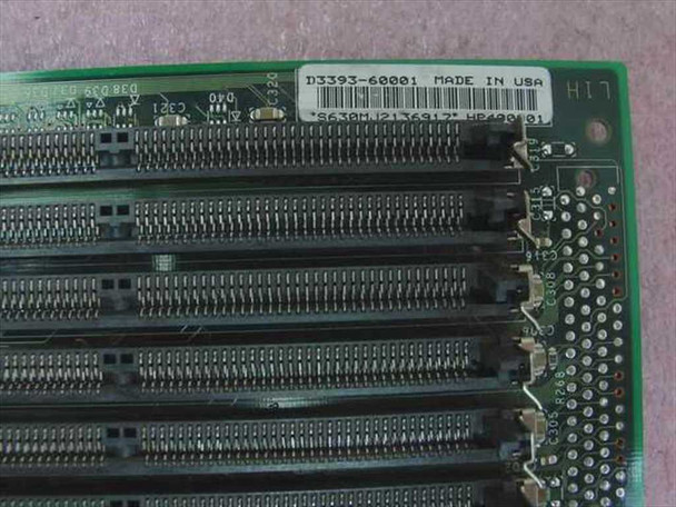 HP Vectra D3393-60001 board label closeup – barcode label reads D3393-60001, Made in USA, with four SIMM slot edge connectors visible