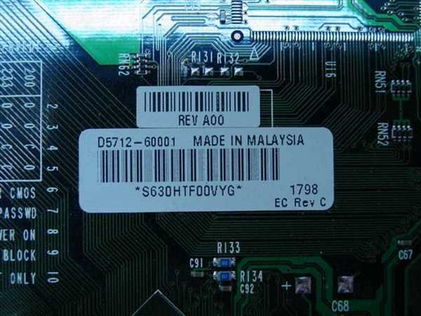 HP Vectra VL7 D5712-60001 label showing part number, Rev A00, EC Rev C, Made in Malaysia, date code 1798