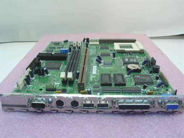 IBM PC 300GL 61H0382 system board top view — Socket 7 CPU socket, four 72-pin SIMM slots, PCI and ISA expansion slots, CMOS battery, and I/O bracket with PS/2, serial, parallel, and VGA ports