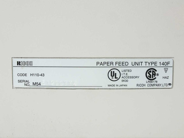 Ricoh Type 140F rating label — shows Code H110-43, Serial No. M54, UL and SAA certifications, Made in Japan