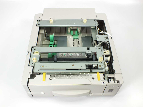 Ricoh Type 140F paper feed unit — top view with drawer open, showing paper guides, feed rollers, and green paper width adjusters