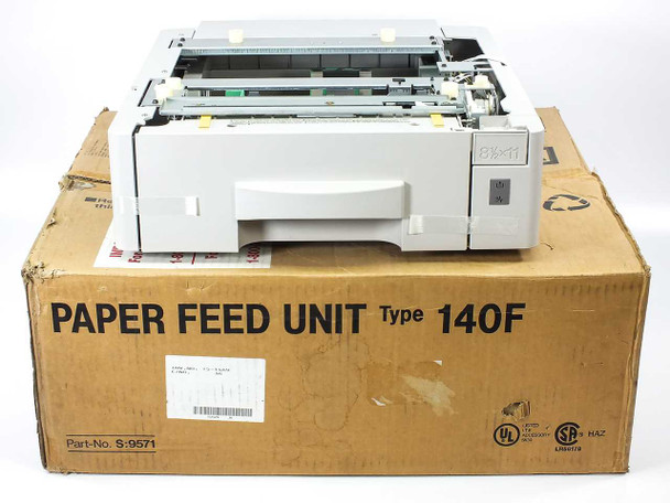 Ricoh Type 140F Paper Feed Unit in original box — front three-quarter view showing tray open and box label with Part No. S:9571