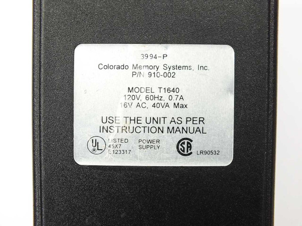 Colorado Memory Systems T1640 label showing model T1640, P/N 910-002, 120V 60Hz 0.7A input, 16V AC 40VA output, UL and CSA listings