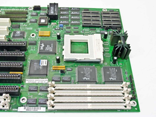 Micronics M54Pi motherboard — close-up of Socket 5 CPU socket, Intel chipset, and heatsink area