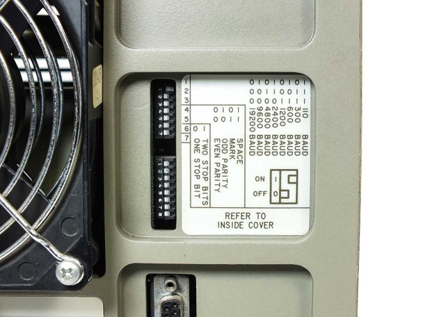 Intermec 8636AT rear DIP switch panel showing baud rate, parity, and stop-bit configuration settings