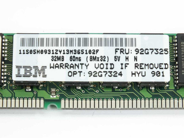 IBM 92G7325 32MB 60ns EDO SIMM — close-up of label showing 8Mx32, 5V, OPT 92G7324, HYU 901