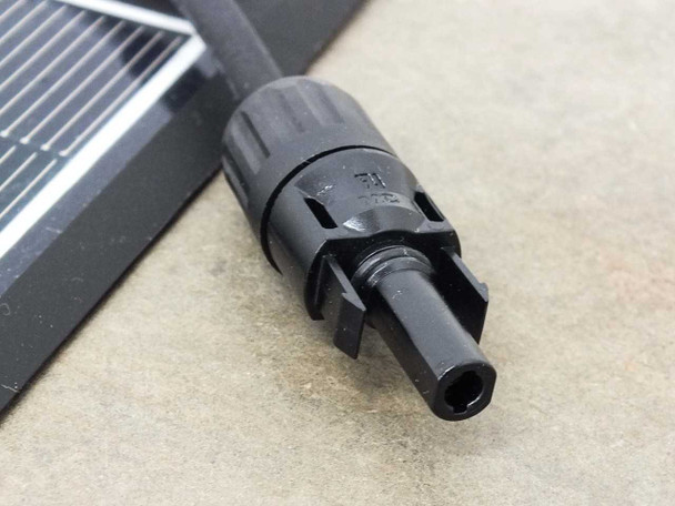 MC4 female connector on SoloPower SP1-75 solar panel lead wire showing locking collar detail