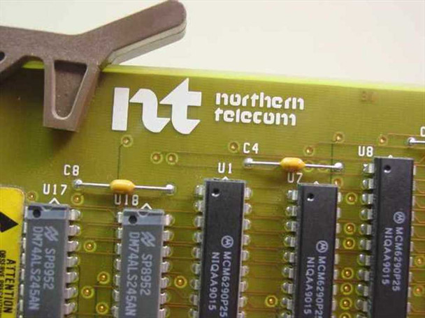 Nortel Northern Telecom logo close-up on NT4R0101 Voice Processor Card with visible IC markings including MCM6290P25 and SP8952