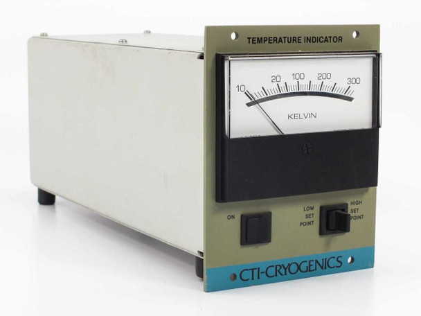 CTI Cryogenics 8042002G003 Temperature Indicator — front and left-side 3/4 view showing full cream-colored enclosure with rubber feet and front panel meter