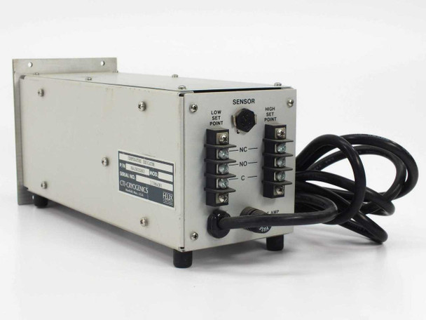 CTI Cryogenics 8042002G003 Temperature Indicator — rear and right-side 3/4 view showing SENSOR terminal blocks (NC, NO, C), Low and High Set Point relays, fuse holder, and CTI-Cryogenics label plate