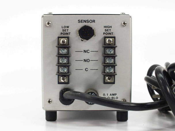 CTI Cryogenics 8042002G003 Temperature Indicator — rear panel close-up showing SENSOR input connector, Low/High Set Point terminal strips (NC, NO, C rows), and 0.1 AMP Slo-Blo fuse holder