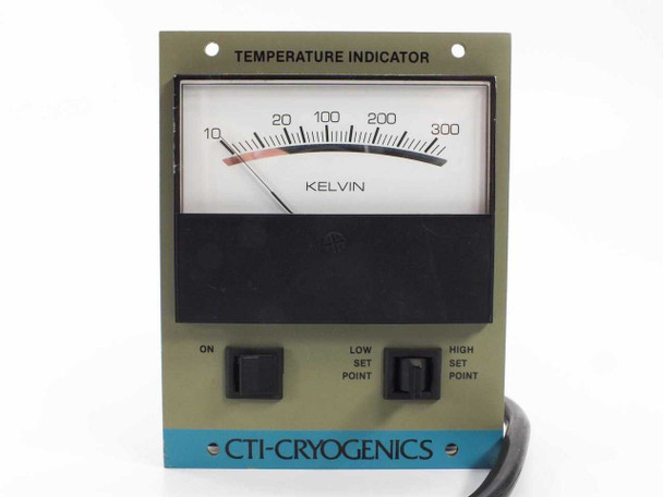 CTI Cryogenics 8042002G003 Temperature Indicator — front panel view showing analog Kelvin meter (10–300 scale), ON button, Low Set Point and High Set Point buttons, and CTI-Cryogenics teal label