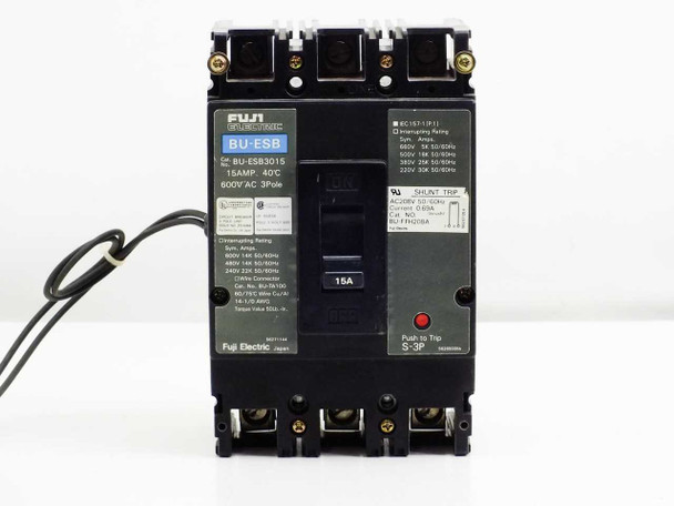 Fuji Electric BU-ESB3015 circuit breaker — front view showing toggle switch, 15A rating label, and interrupting ratings panel