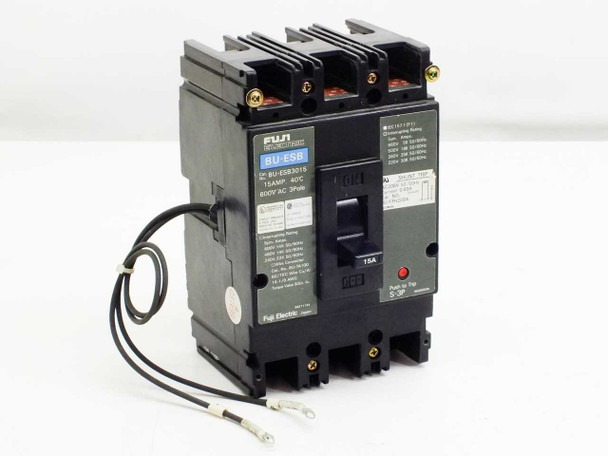 Fuji Electric BU-ESB3015 3-pole 15A 600V molded case circuit breaker — front panel view showing label, toggle, and attached lead wires