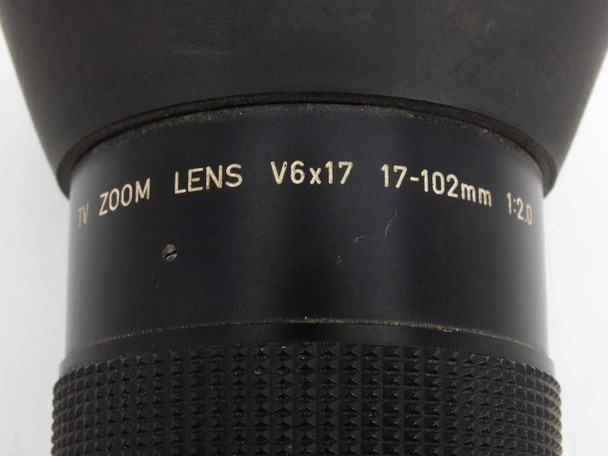 Canon V6x17 17-102mm f/2 TV Zoom Lens – close-up of barrel engraving reading TV ZOOM LENS V6x17 17-102mm 1:2.0