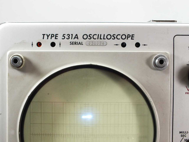 Tektronix Type 531A Oscilloscope nameplate and serial number label above large round CRT graticule — close-up