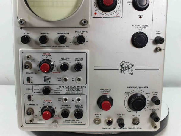 Tektronix 531A lower front panel showing Type CA Dual-Trace plug-in with Channel A and B controls, mode selector, Amplitude Calibrator, and output terminals