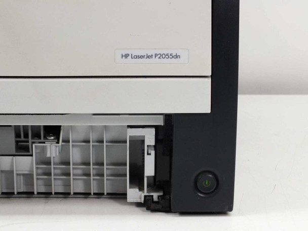 HP LaserJet P2055dn close-up of lower-right corner showing model label and power button