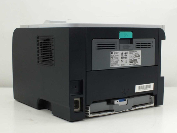 HP LaserJet P2055dn rear view showing USB and Ethernet ports, rating label, and teal asset tag