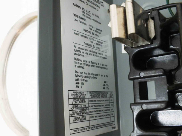 Circle A-W Meter Socket interior rating label showing 600V 125A specs wire range torque and hub catalog numbers