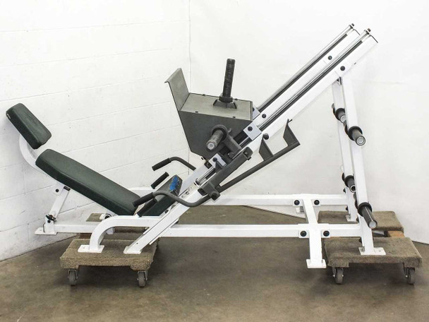 Hoist F-355 angled leg press – left-side full profile view showing seat, back pad, carriage rails, and multiple lockout positions