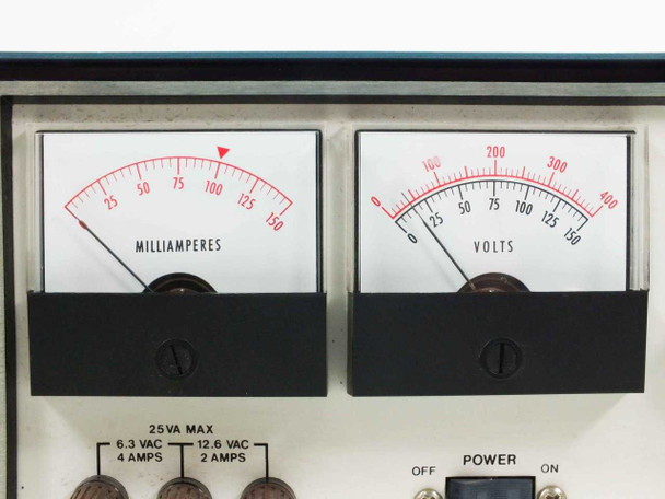 Heath SP-2717 close-up of dual analog meters – Milliamperes (0–150) and Volts (0–400 / 0–150) with filament spec label showing 25VA max, 6.3VAC 4A and 12.6VAC 2A