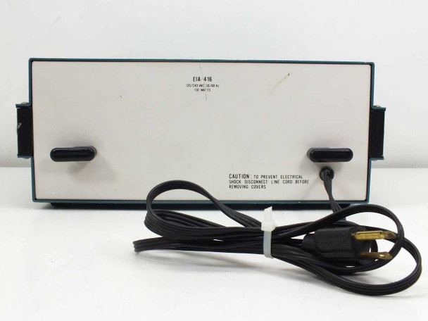 Heath SP-2717 rear panel alternate angle showing EIA-416 rating label, input voltage and wattage specs, caution disconnect label, and power cord