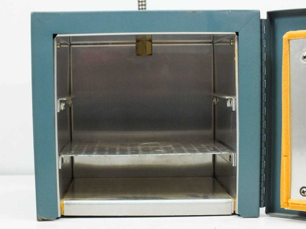 Thermolyne AY106X1A Hot Plate Oven – interior close-up showing stainless steel chamber walls, lower wire mesh shelf installed on shelf mounts, two levels of side-wall shelf rails, and door-mounted hot plate surface at right