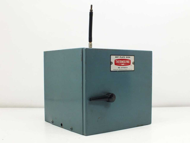Thermolyne AY106X1A Hot Plate Oven – front view showing teal steel housing, Thermolyne nameplate, rotary door latch, and thermocouple probe extending from top
