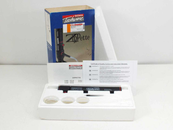 Sigma Techware Zippette D-6544 bottle-top dispenser in original blue box with foam insert, accessories, and Certificate of Quality Control visible – full contents overview