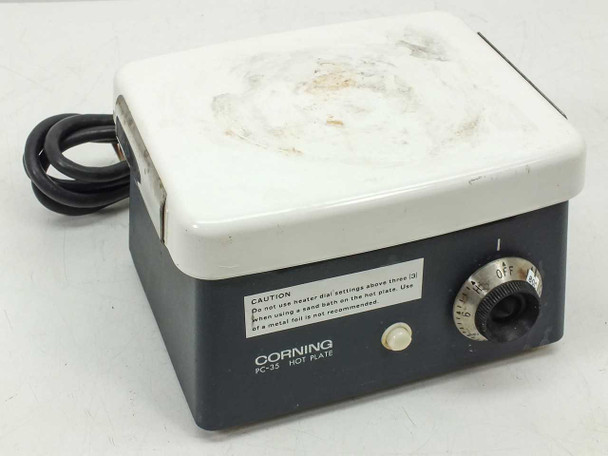 Corning PC-35 Hot Plate – front and top view showing stained Pyroceram glass-ceramic surface