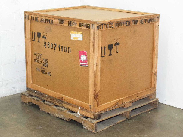 Wooden shipping crate on pallet for Franklin 6A-350-C1 engine — markings: 26071100, dimensions 111x95x95 cm