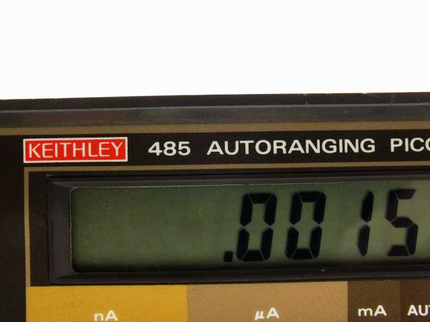 Keithley 485 Autoranging Picoammeter — close-up of front panel label and LCD display reading .0015, showing KEITHLEY 485 AUTORANGING PICOAMMETER nameplate with nA and µA range markings