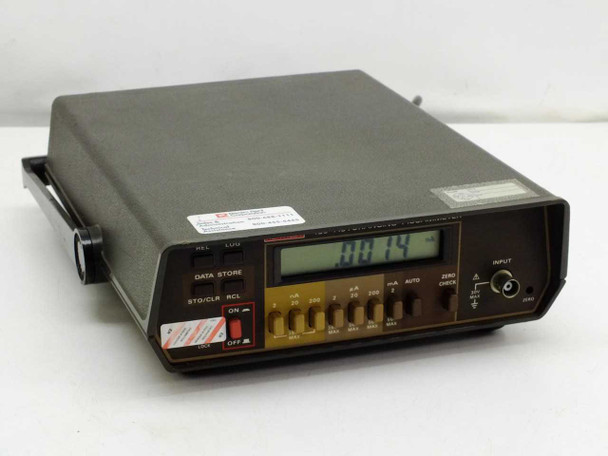 Keithley 485 Autoranging Picoammeter — angled front-left view showing LCD display reading 0.015, range selector buttons, Data Store, STO/CLR, RCL, ON/OFF switch, and INPUT triax connector