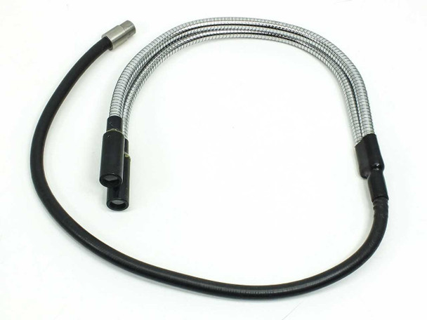 Fiber optic microscope light source flex cable, full view showing single rubber input end and split dual gooseneck output arms, 44 inches total