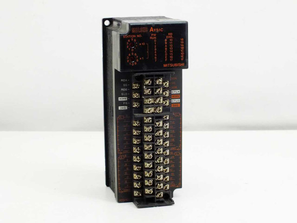 Mitsubishi AY51C MELSEC PLC Output Module – front panel view showing station number dial, status LEDs, and terminal block wiring connectors