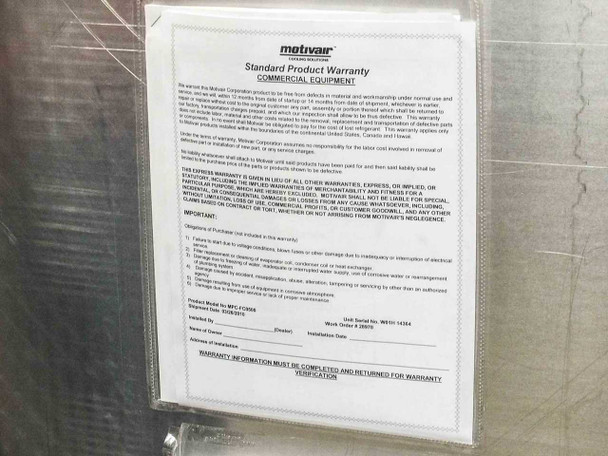 Motivair MPC-FC-0500 — Motivair Standard Product Warranty commercial equipment card in plastic sleeve mounted on unit door