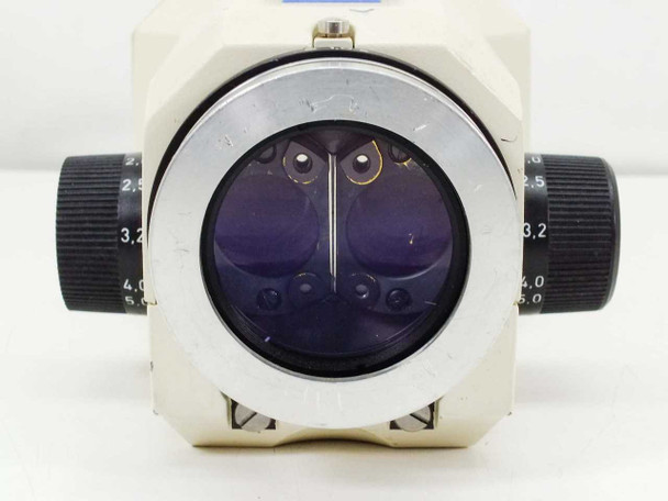 Zeiss Stemi SV 11 microscope head – bottom/objective port view showing dual internal optics with anti-reflection coating and zoom scale ring