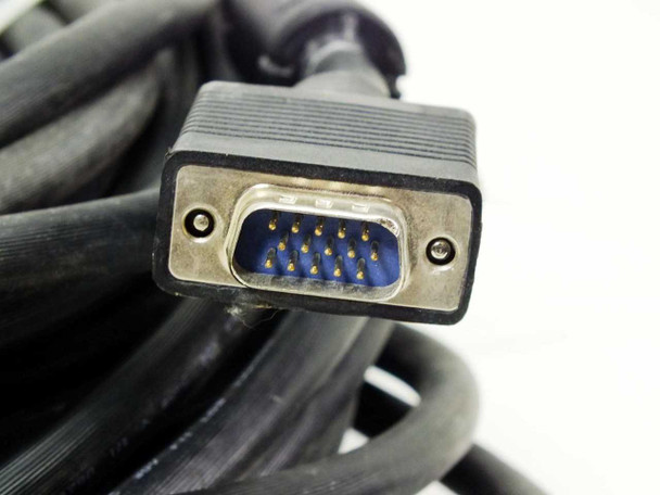 Close-up of HD15 15-pin VGA male connector end showing gold pins on blue insert