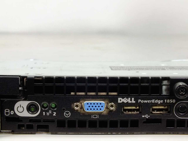Dell PowerEdge 1850 front panel close-up showing power button, status LEDs, VGA port, and USB ports