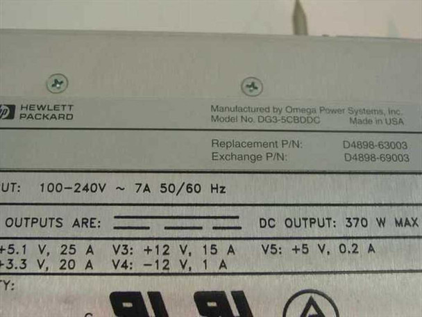 HP D4898-63003 label closeup showing model DG3-5CBDDC, 100-240V input, 370W DC output rails and part numbers