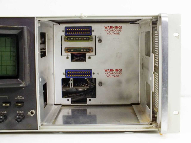 HP 2205A 141T open plugin bay — two large parallel plugin connectors with blue and gold contacts, dual Hazardous Voltage warning labels